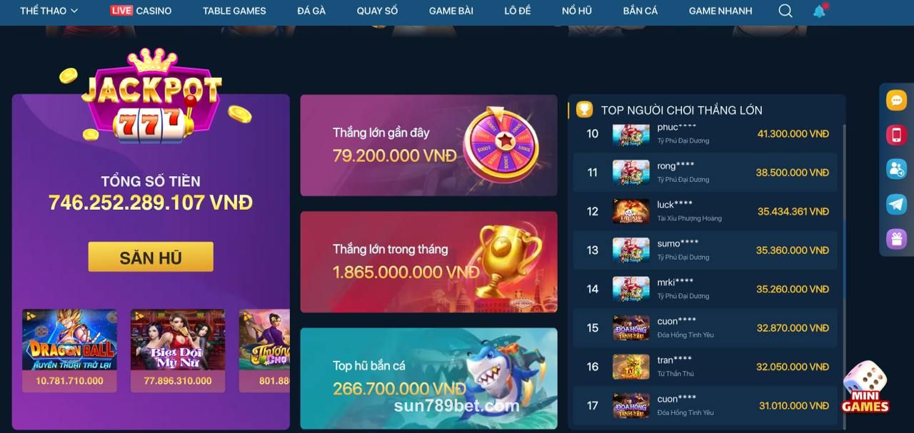 Giao diện jackpot ứng dụng sun789